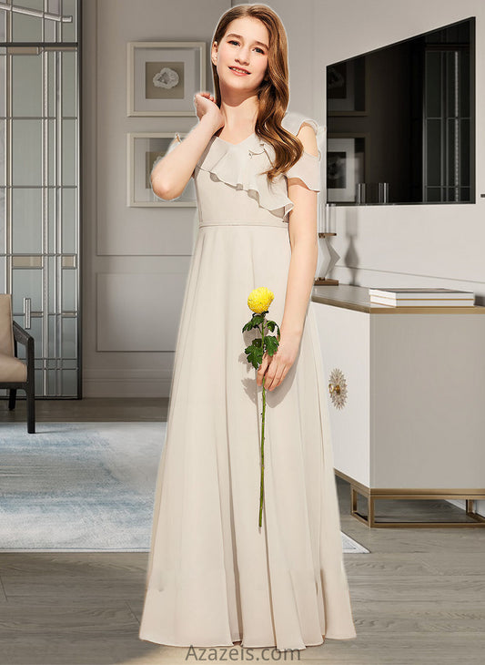 Uerica A-Line V-neck Floor-Length Chiffon Junior Bridesmaid Dress With Cascading Ruffles DFP0013603
