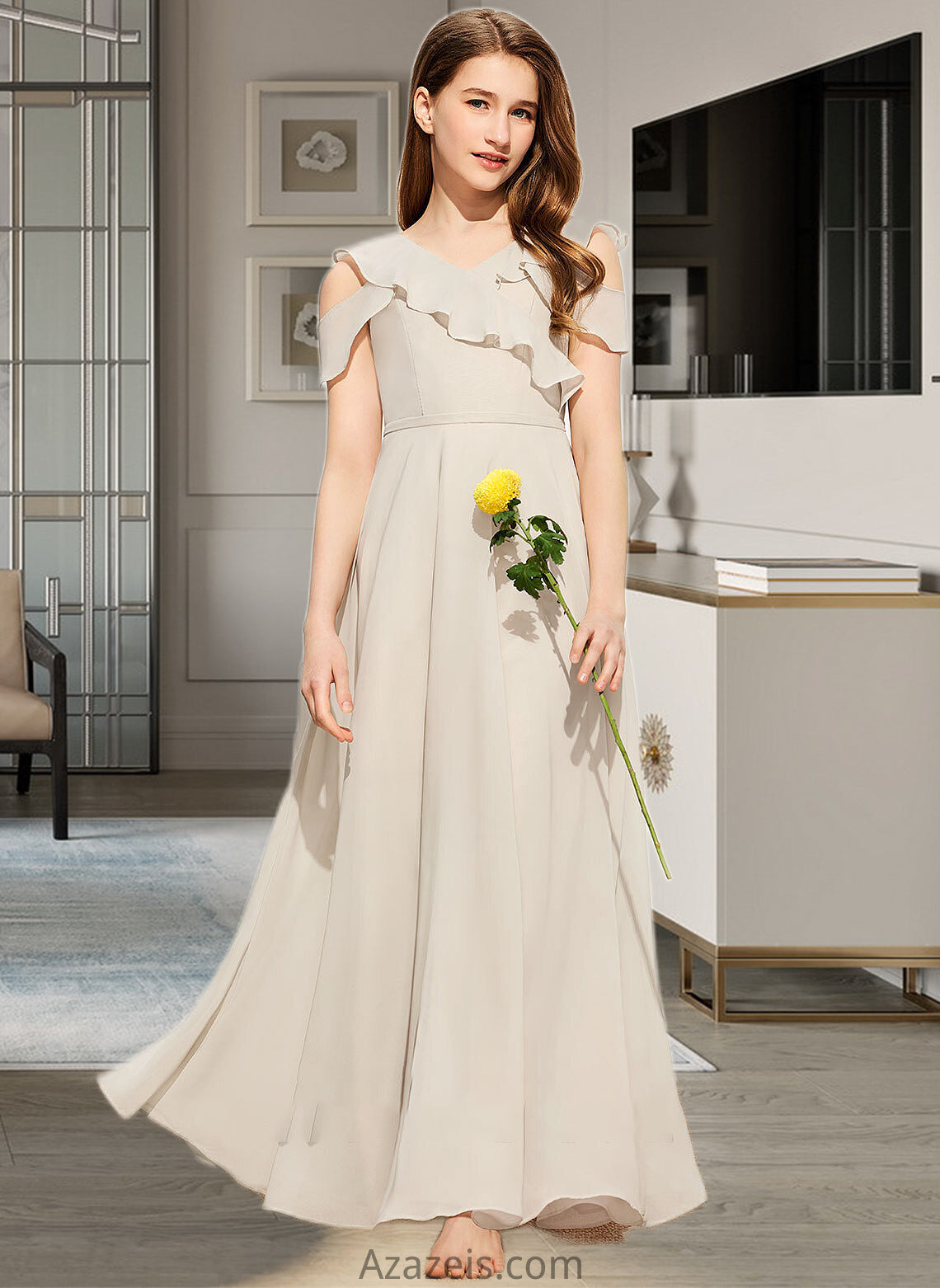 Uerica A-Line V-neck Floor-Length Chiffon Junior Bridesmaid Dress With Cascading Ruffles DFP0013603