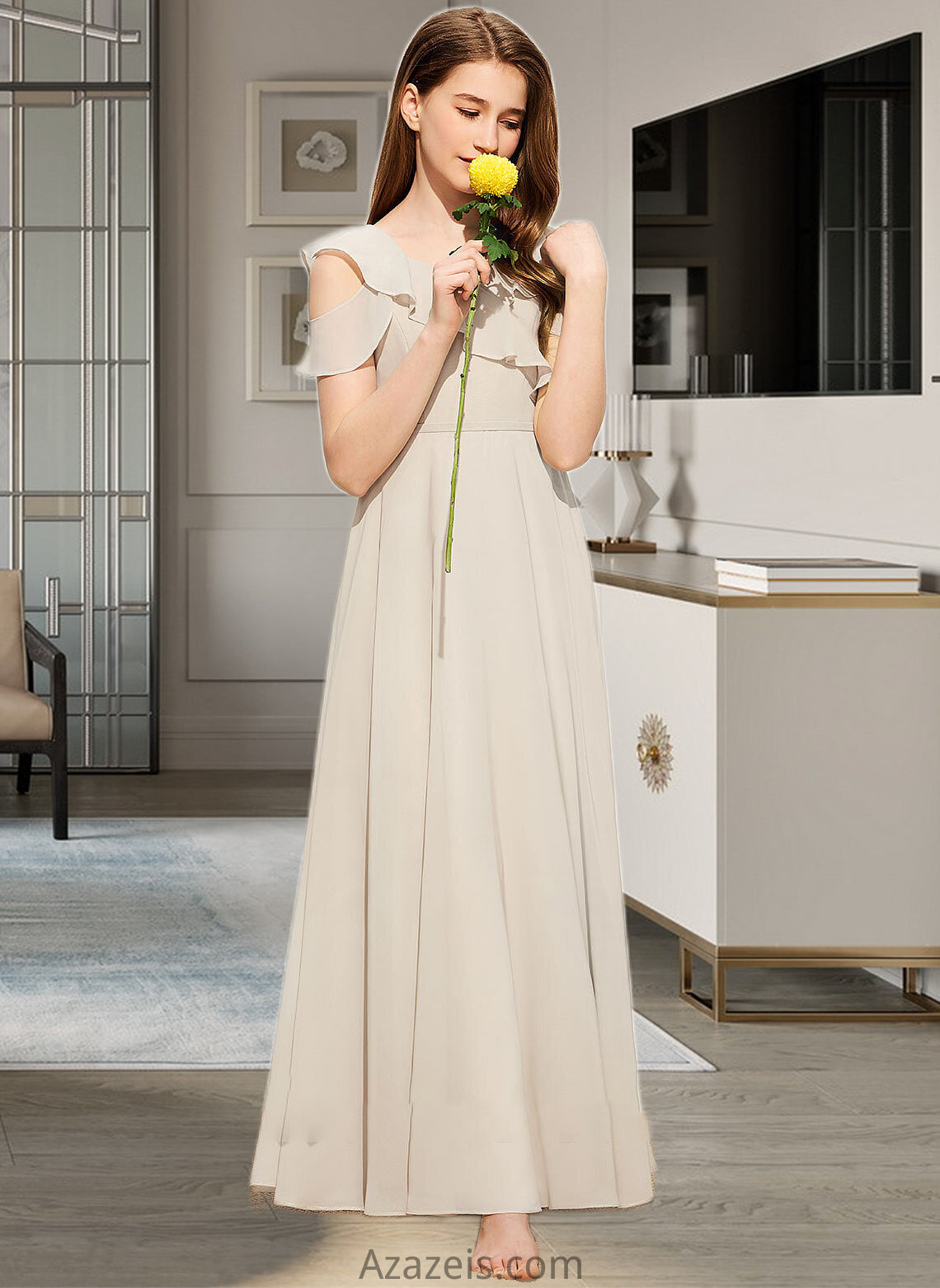 Uerica A-Line V-neck Floor-Length Chiffon Junior Bridesmaid Dress With Cascading Ruffles DFP0013603