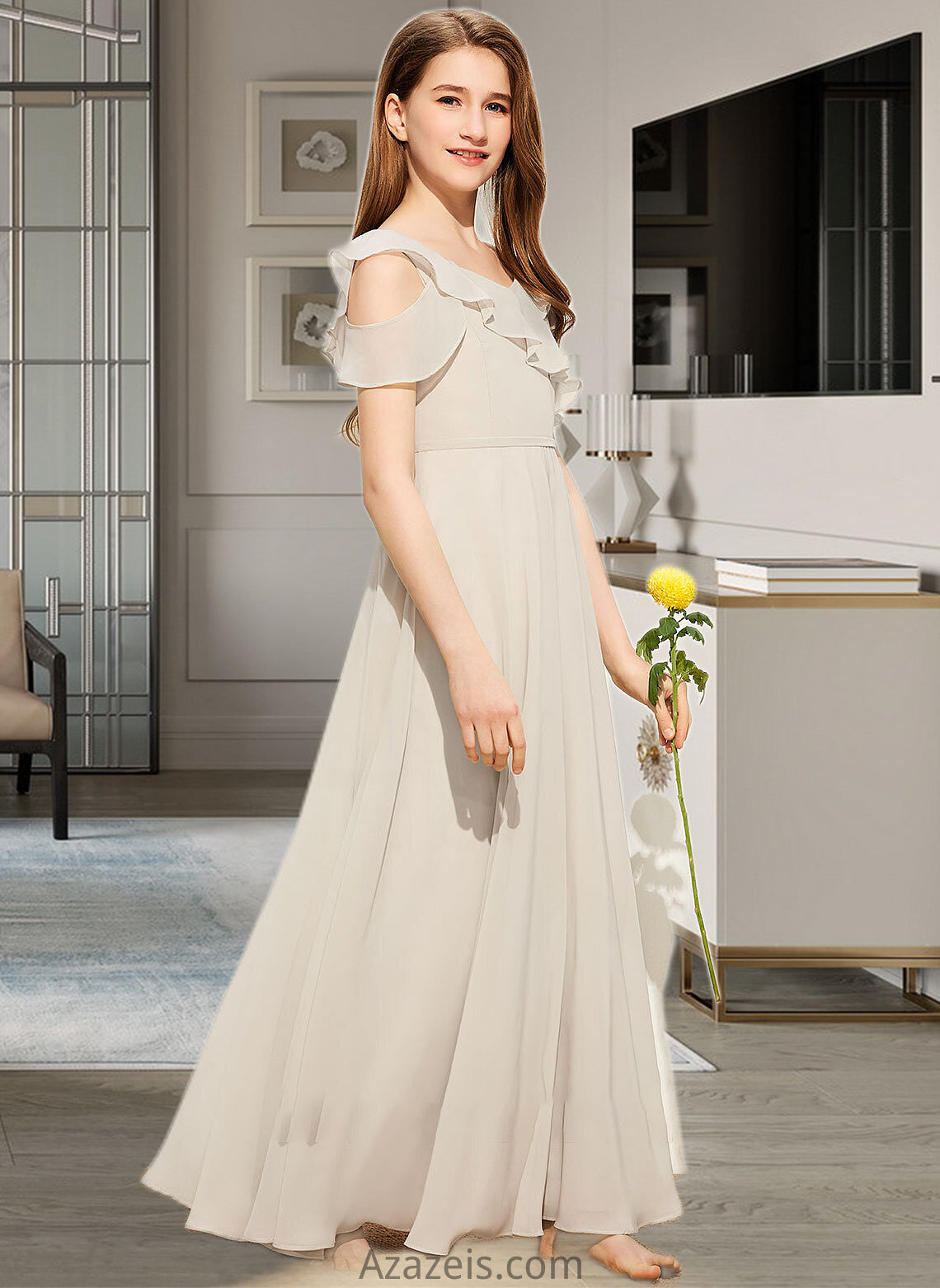 Uerica A-Line V-neck Floor-Length Chiffon Junior Bridesmaid Dress With Cascading Ruffles DFP0013603