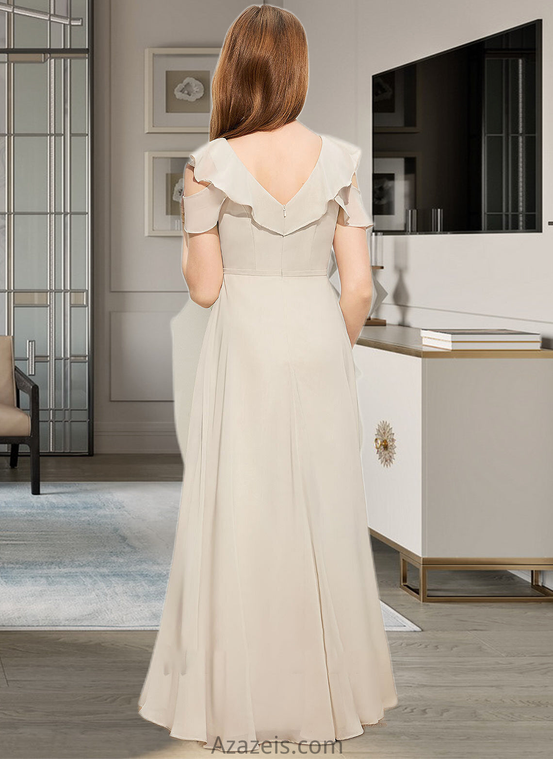 Uerica A-Line V-neck Floor-Length Chiffon Junior Bridesmaid Dress With Cascading Ruffles DFP0013603