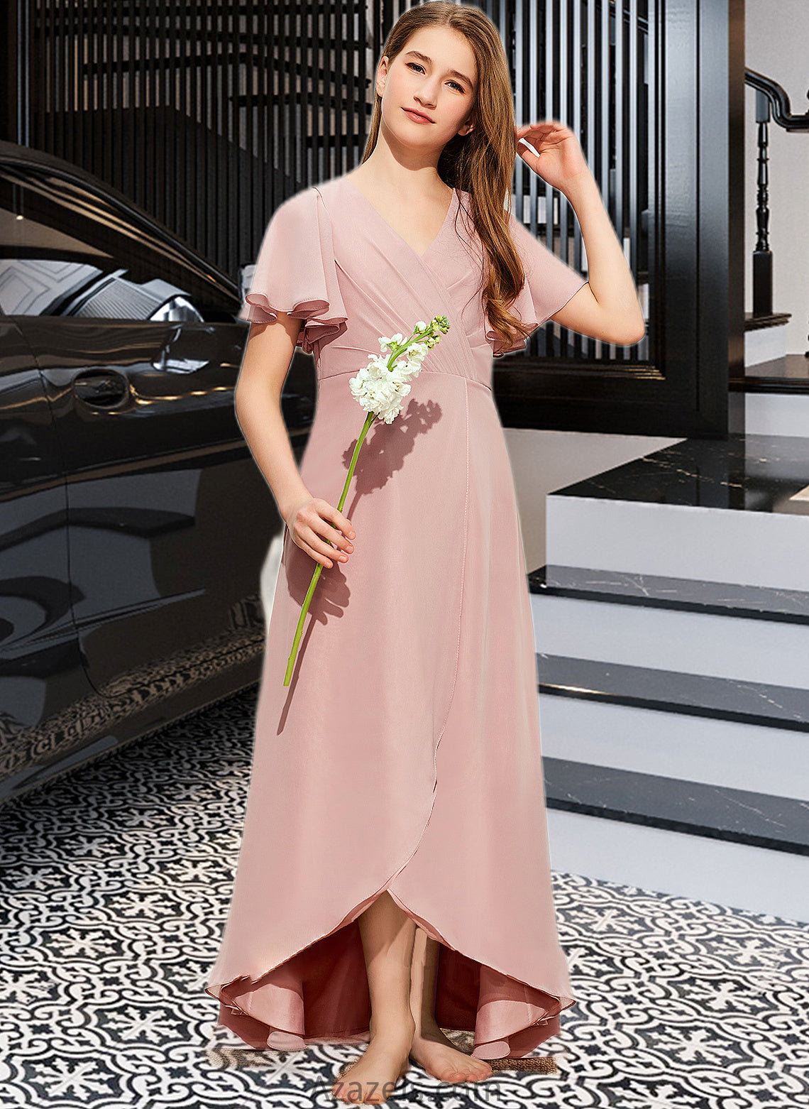 Kirsten A-Line V-neck Asymmetrical Chiffon Junior Bridesmaid Dress With Ruffle DFP0013604