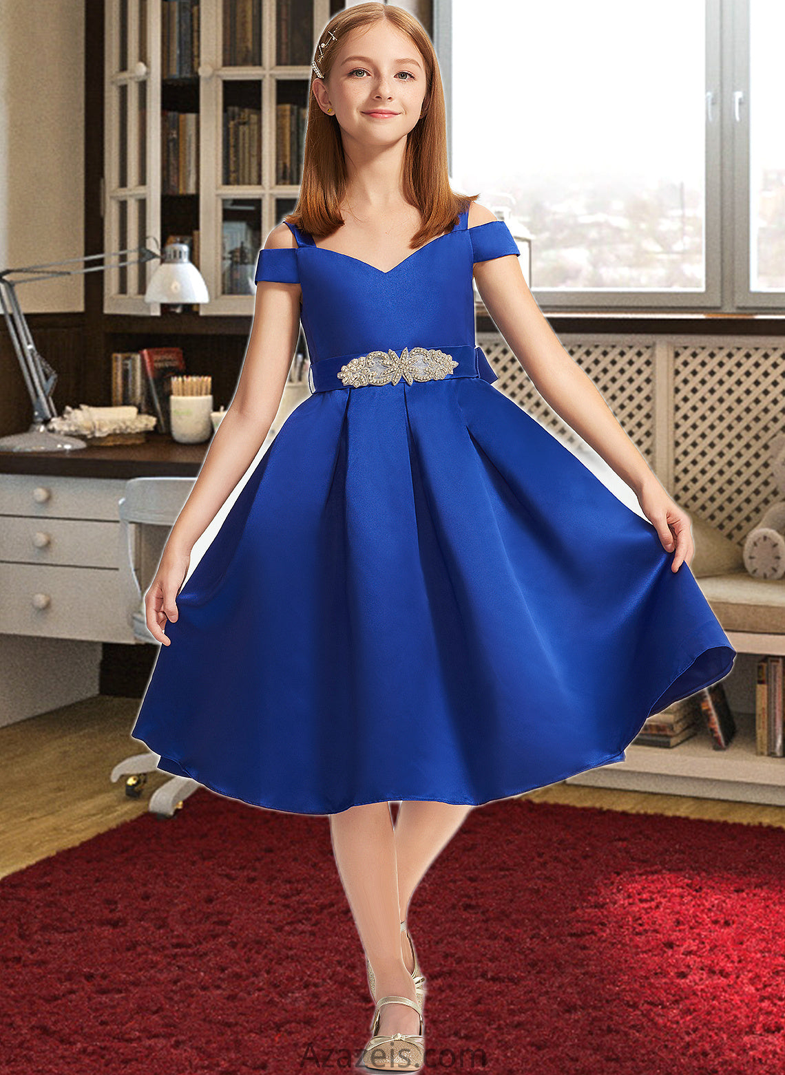 Fatima A-Line Off-the-Shoulder Knee-Length Satin Junior Bridesmaid Dress With Beading Bow(s) DFP0013605