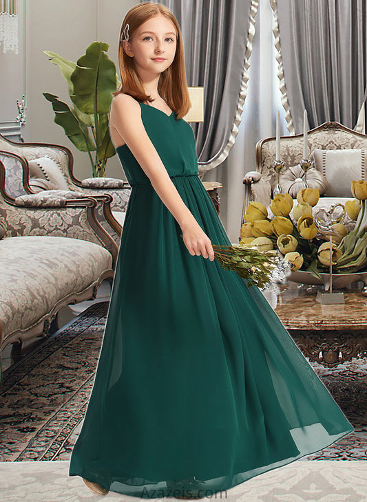 Andrea A-Line V-neck Floor-Length Chiffon Junior Bridesmaid Dress With Ruffle DFP0013606