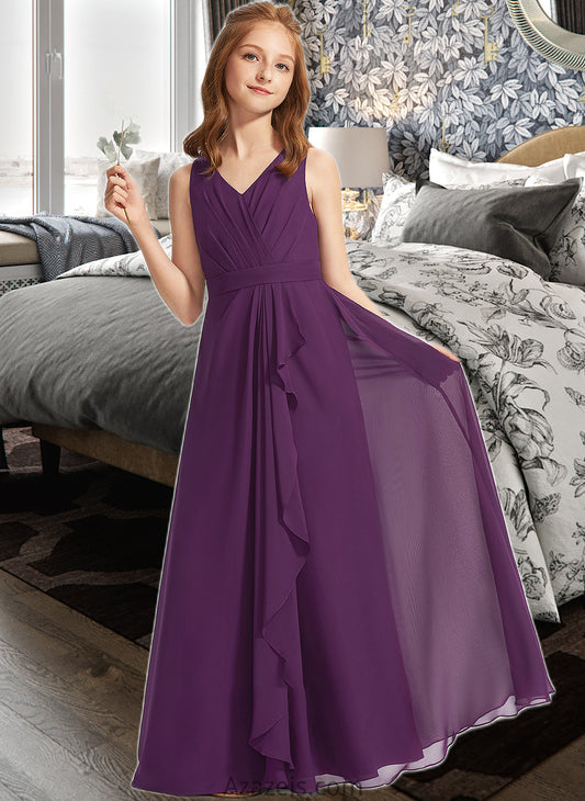 Helen A-Line V-neck Floor-Length Chiffon Junior Bridesmaid Dress With Ruffles DFP0013607