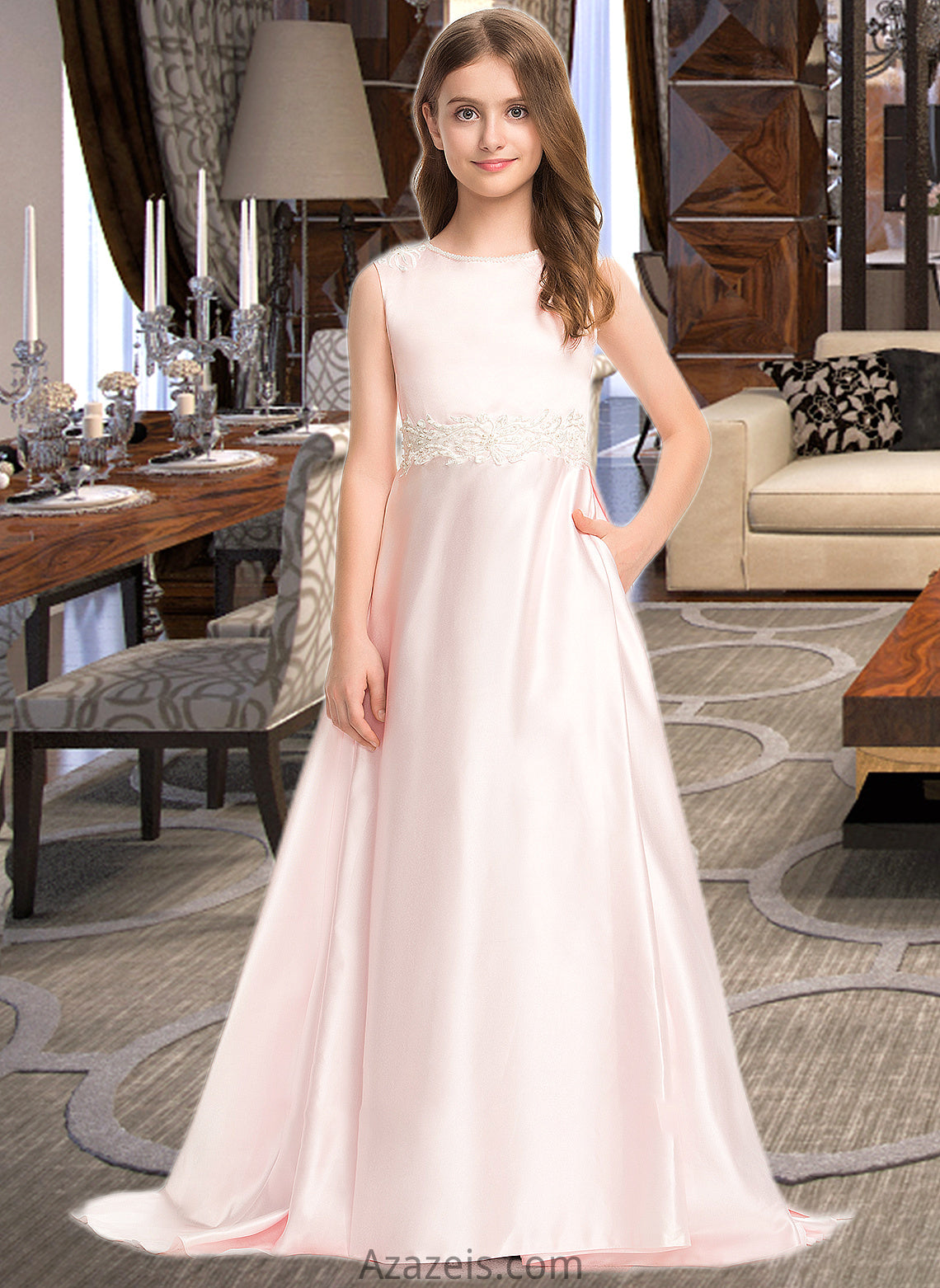 Hedda A-Line Scoop Neck Sweep Train Satin Lace Junior Bridesmaid Dress With Bow(s) Pockets DFP0013609