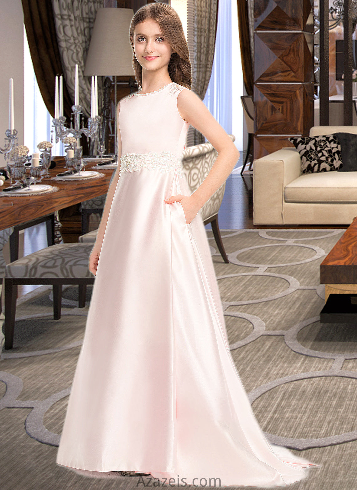 Hedda A-Line Scoop Neck Sweep Train Satin Lace Junior Bridesmaid Dress With Bow(s) Pockets DFP0013609