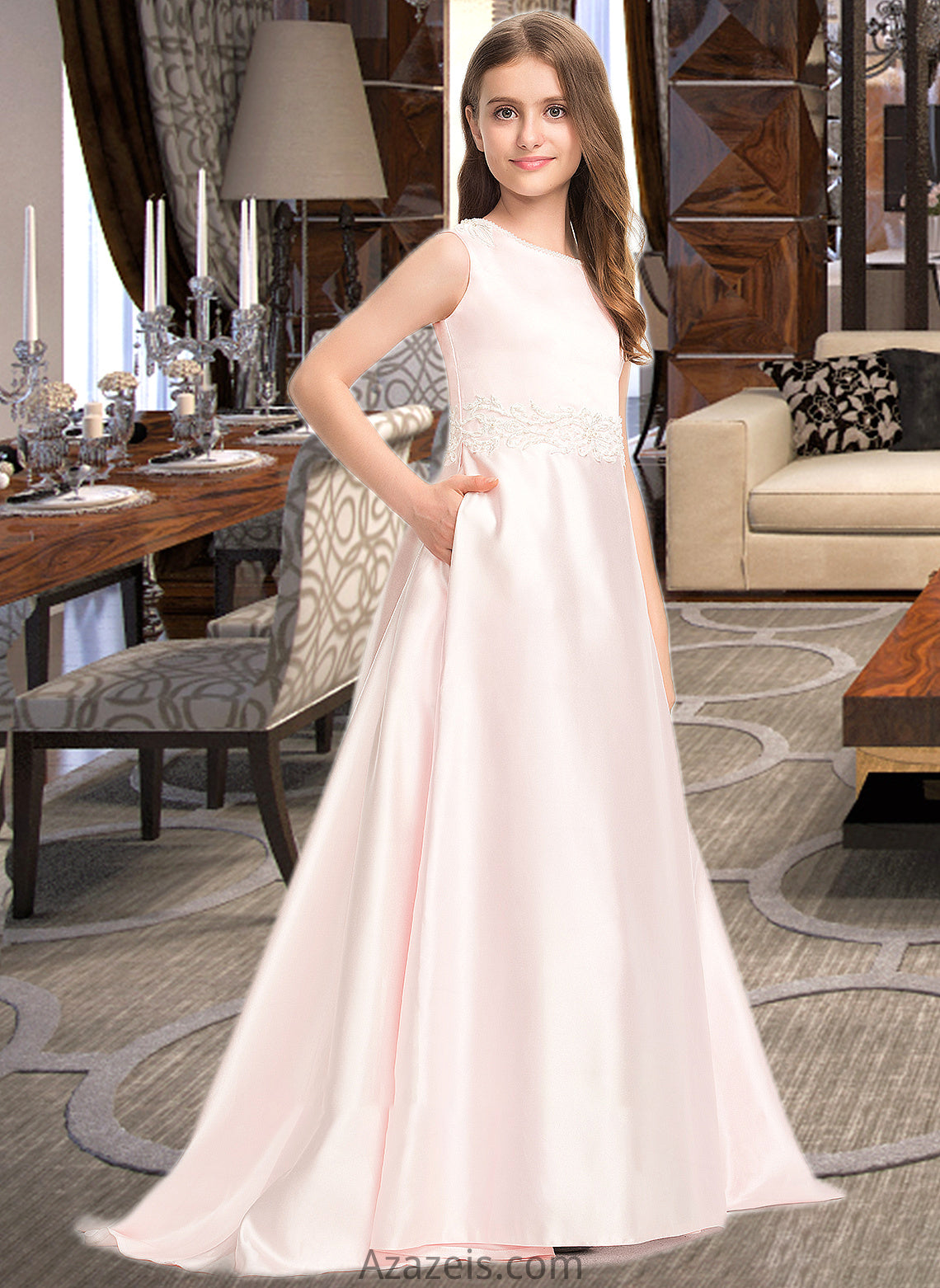 Hedda A-Line Scoop Neck Sweep Train Satin Lace Junior Bridesmaid Dress With Bow(s) Pockets DFP0013609