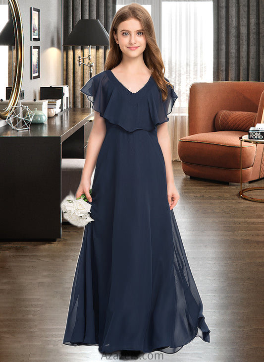 Aylin A-Line V-neck Floor-Length Chiffon Junior Bridesmaid Dress DFP0013611