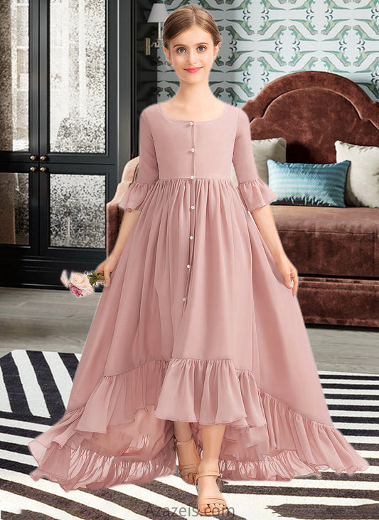 Lizeth A-Line Scoop Neck Asymmetrical Chiffon Junior Bridesmaid Dress With Bow(s) Cascading Ruffles DFP0013612