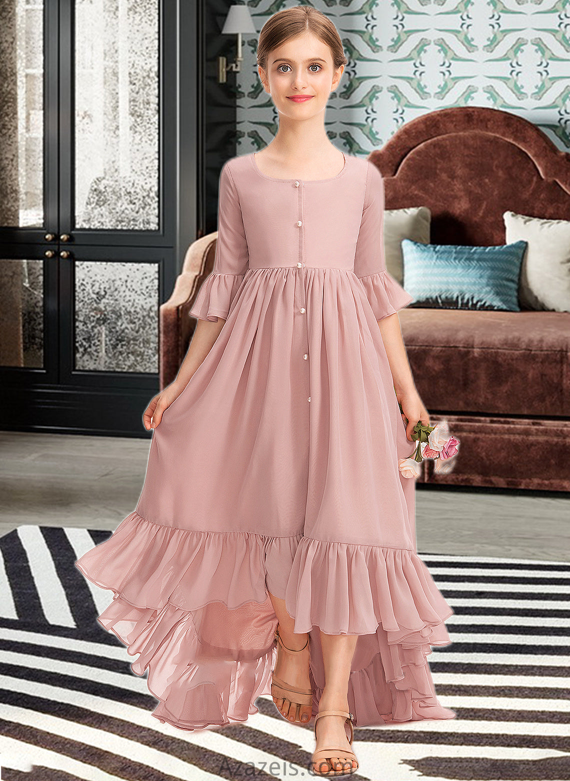 Lizeth A-Line Scoop Neck Asymmetrical Chiffon Junior Bridesmaid Dress With Bow(s) Cascading Ruffles DFP0013612