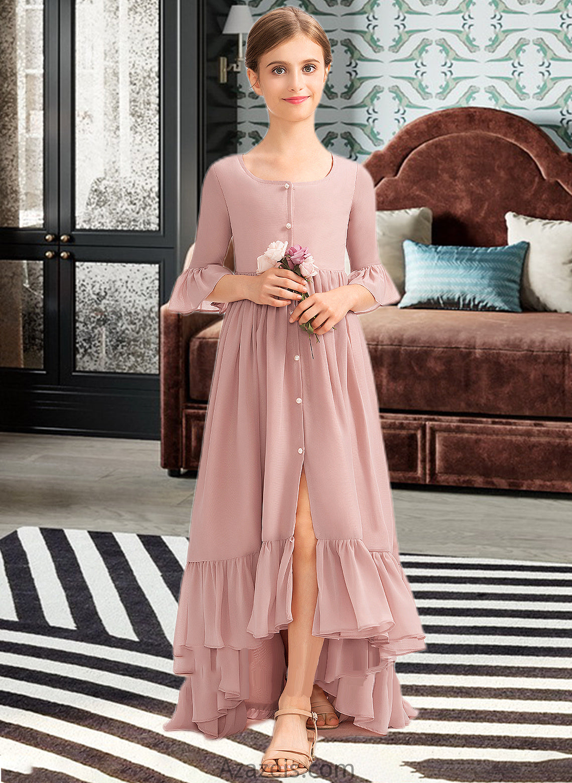 Lizeth A-Line Scoop Neck Asymmetrical Chiffon Junior Bridesmaid Dress With Bow(s) Cascading Ruffles DFP0013612