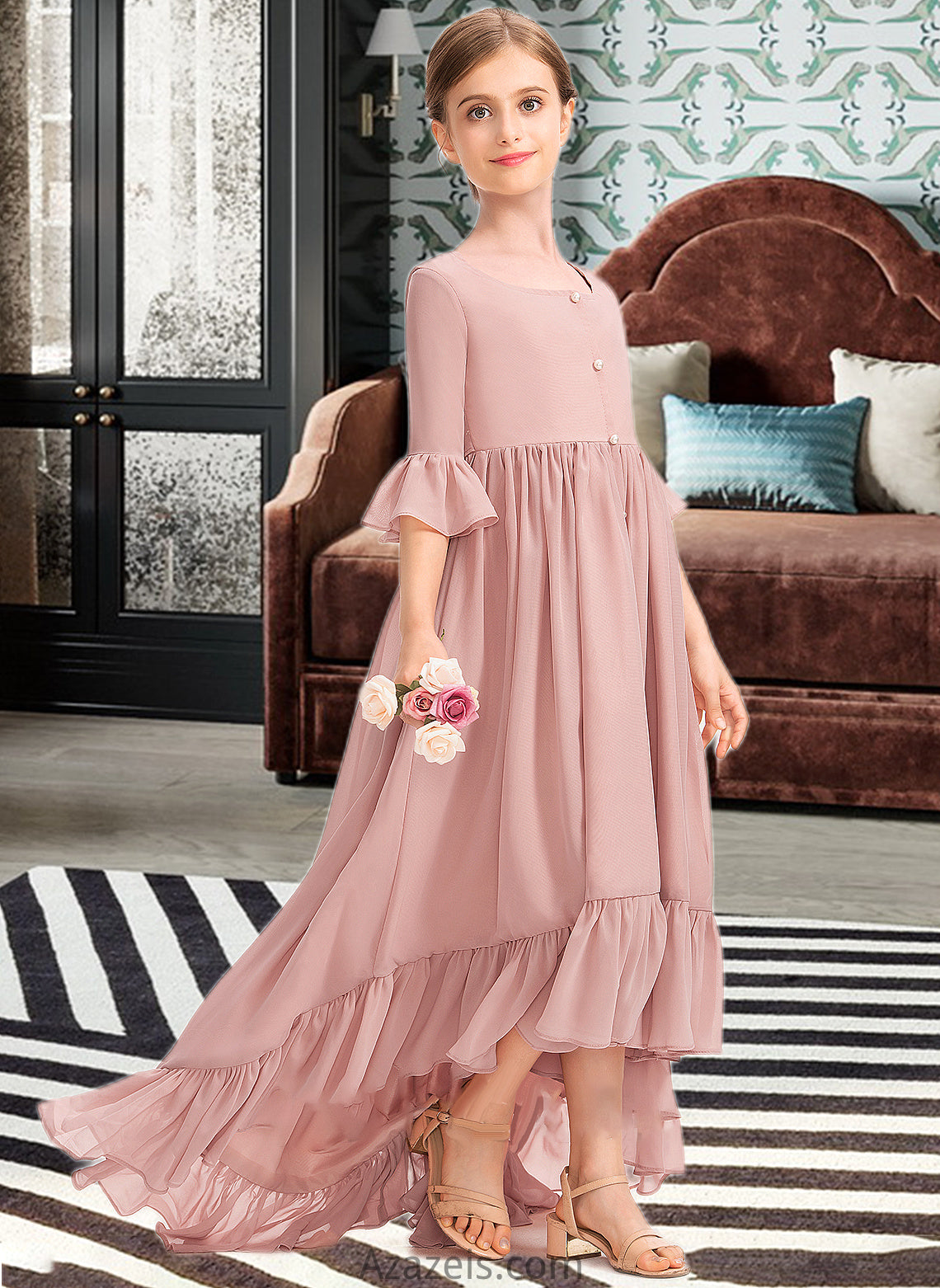 Lizeth A-Line Scoop Neck Asymmetrical Chiffon Junior Bridesmaid Dress With Bow(s) Cascading Ruffles DFP0013612