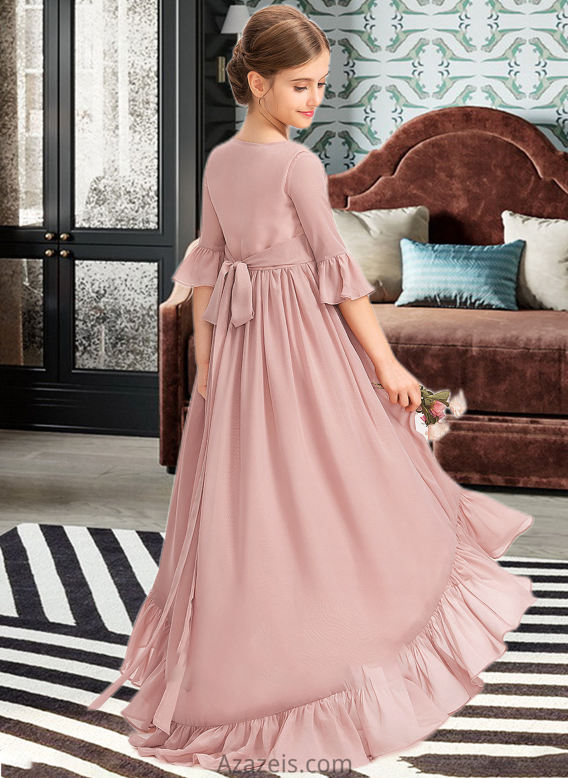 Lizeth A-Line Scoop Neck Asymmetrical Chiffon Junior Bridesmaid Dress With Bow(s) Cascading Ruffles DFP0013612