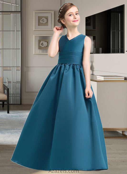 Aliyah Ball-Gown/Princess V-neck Floor-Length Satin Junior Bridesmaid Dress With Ruffle DFP0013613