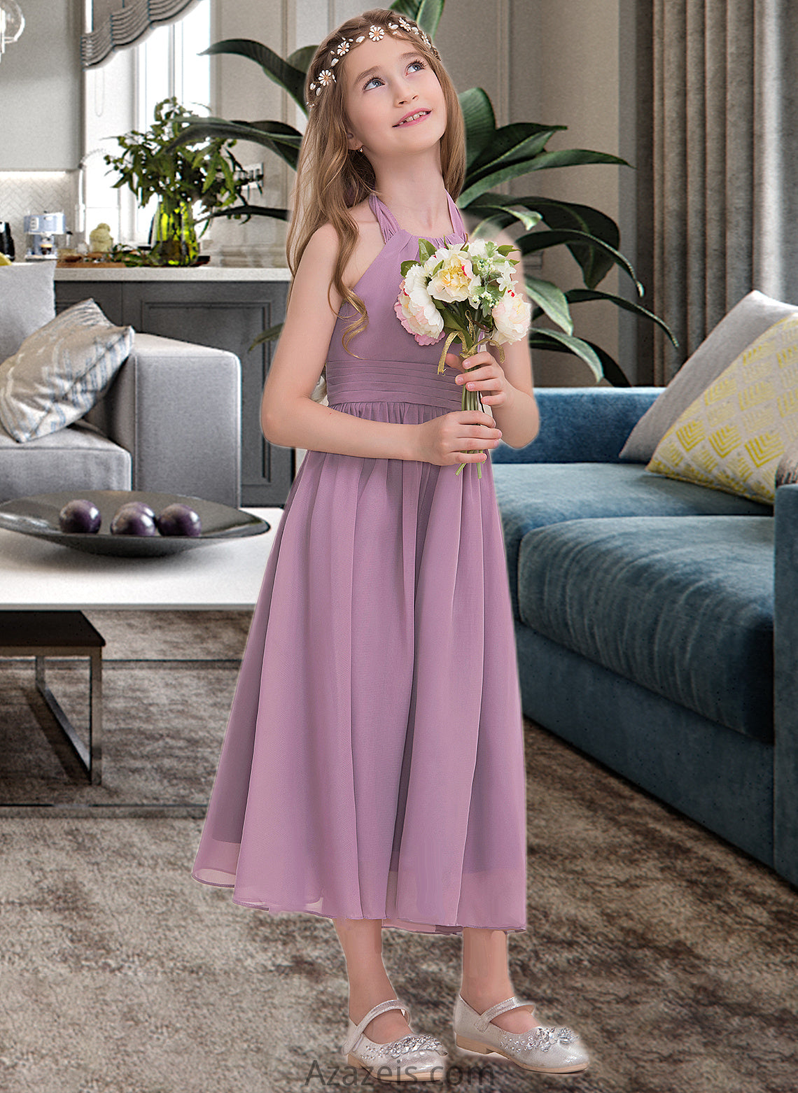 Brenda A-Line Halter Tea-Length Chiffon Junior Bridesmaid Dress With Ruffle DFP0013616