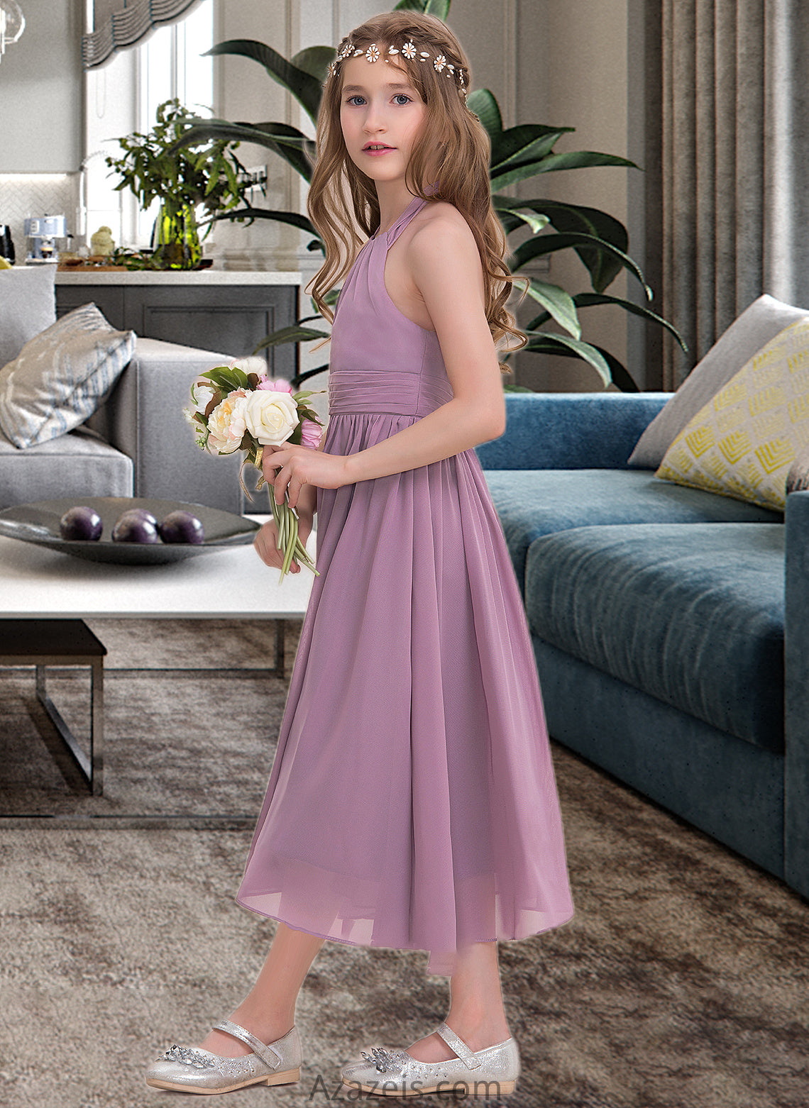 Brenda A-Line Halter Tea-Length Chiffon Junior Bridesmaid Dress With Ruffle DFP0013616