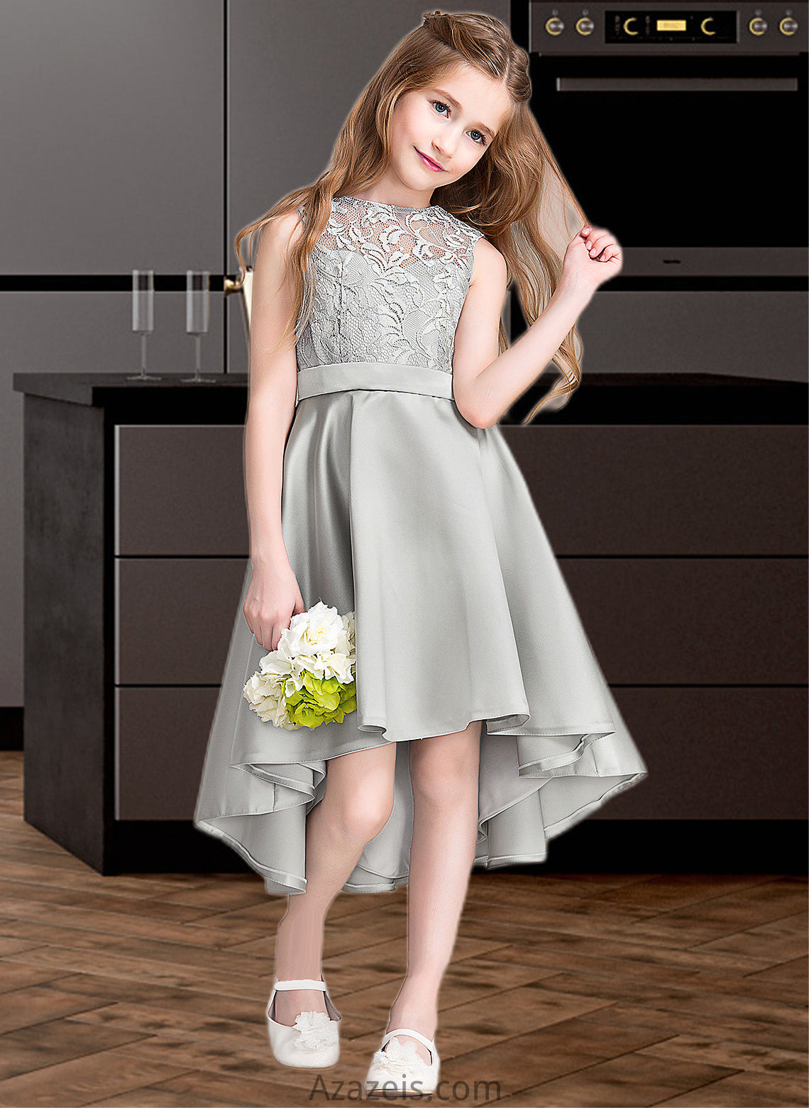 Kennedi A-Line Scoop Neck Asymmetrical Satin Junior Bridesmaid Dress DFP0013618