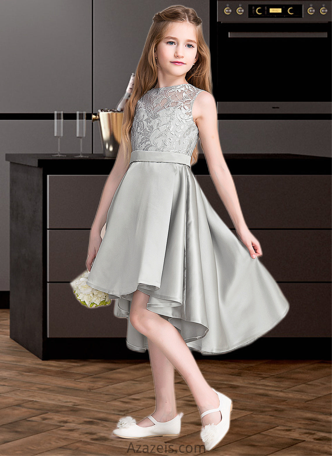 Kennedi A-Line Scoop Neck Asymmetrical Satin Junior Bridesmaid Dress DFP0013618