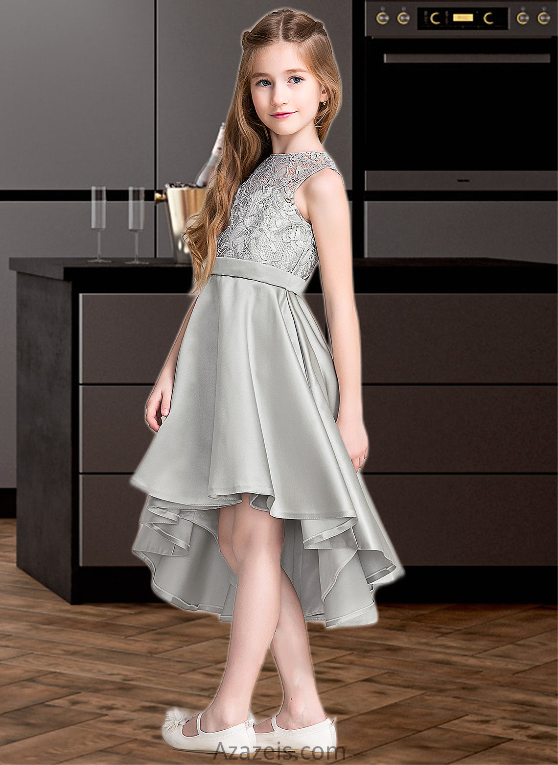 Kennedi A-Line Scoop Neck Asymmetrical Satin Junior Bridesmaid Dress DFP0013618