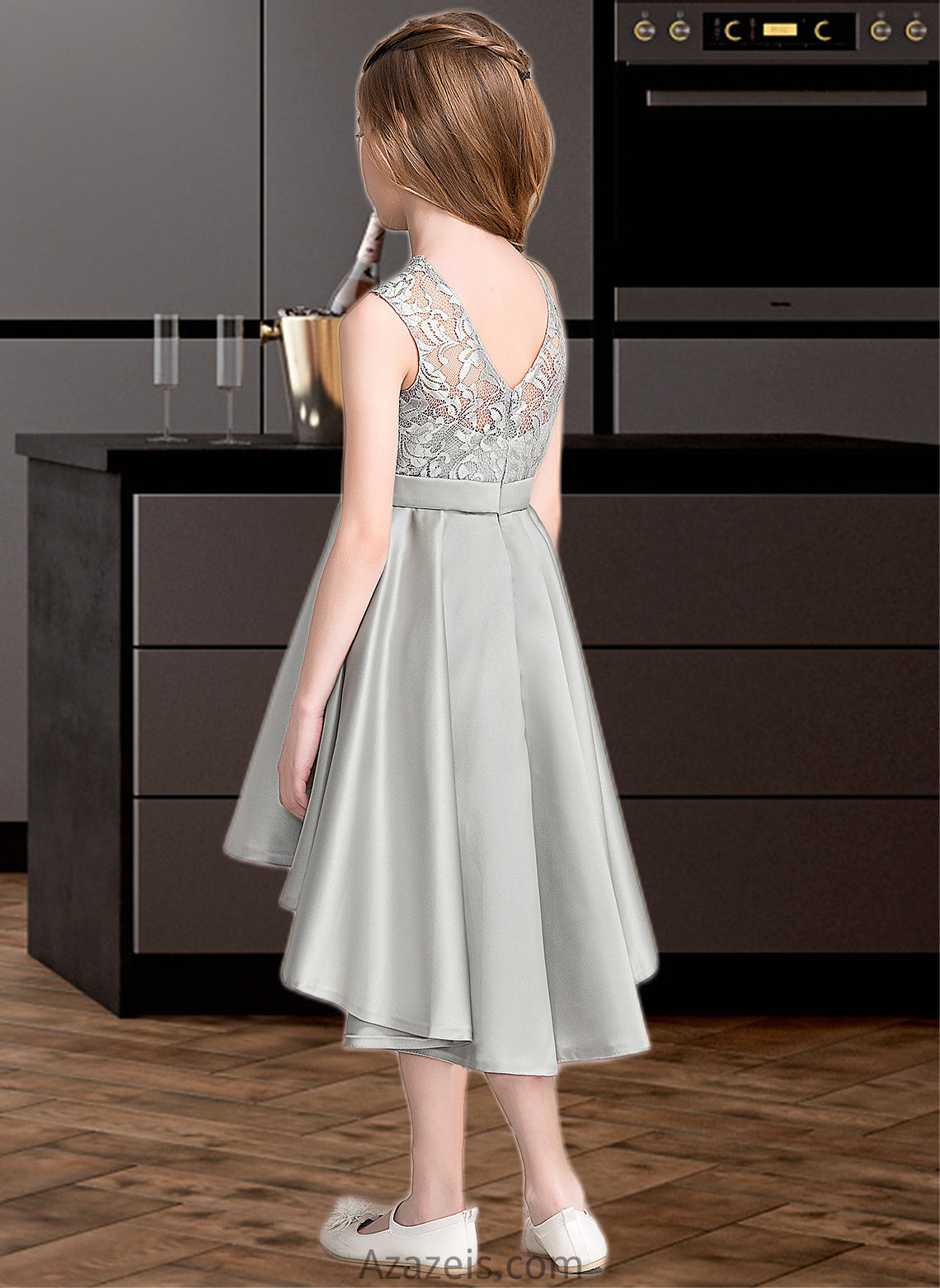 Kennedi A-Line Scoop Neck Asymmetrical Satin Junior Bridesmaid Dress DFP0013618