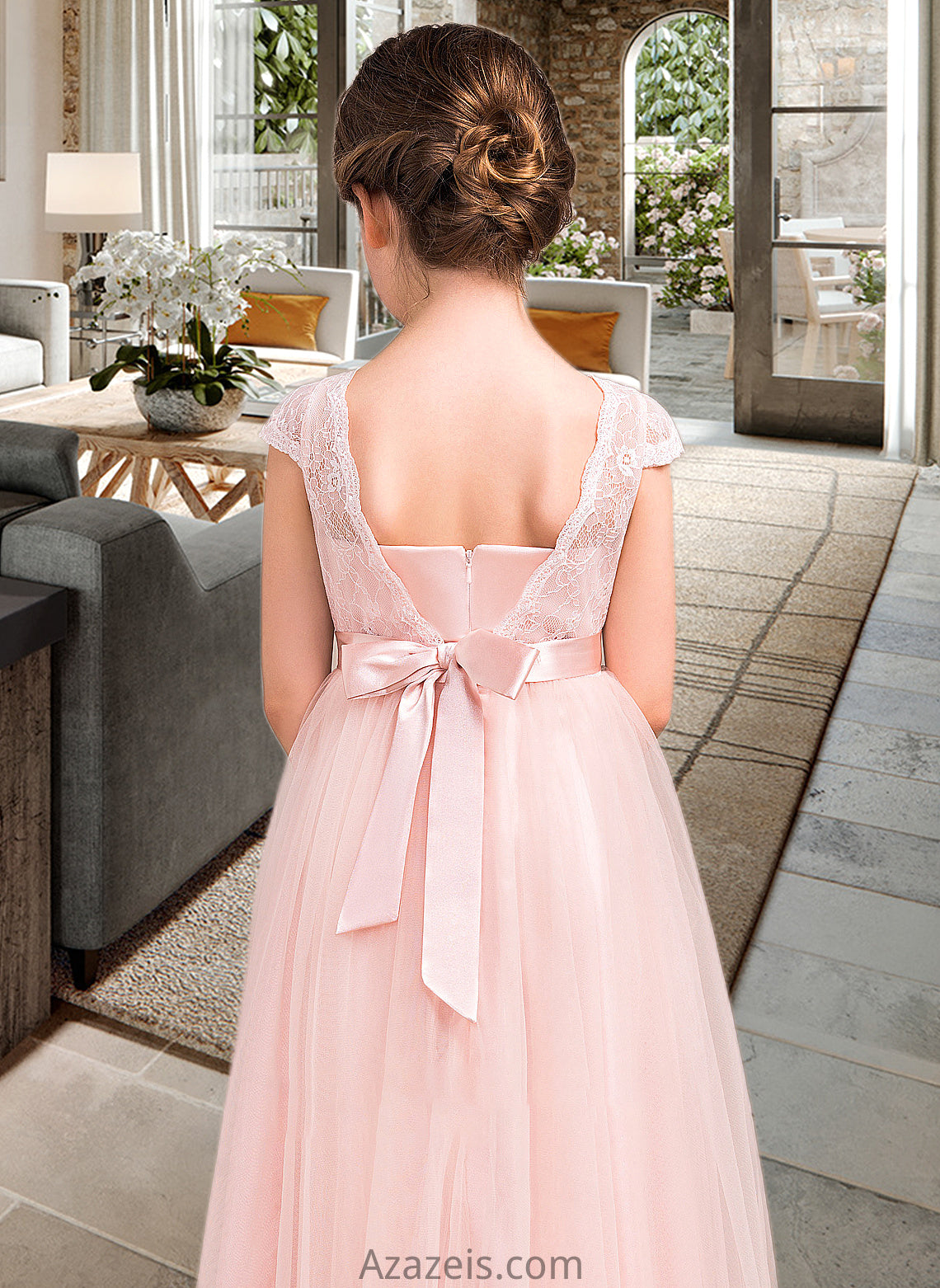Livia A-Line Scoop Neck Floor-Length Tulle Lace Junior Bridesmaid Dress With Bow(s) DFP0013619