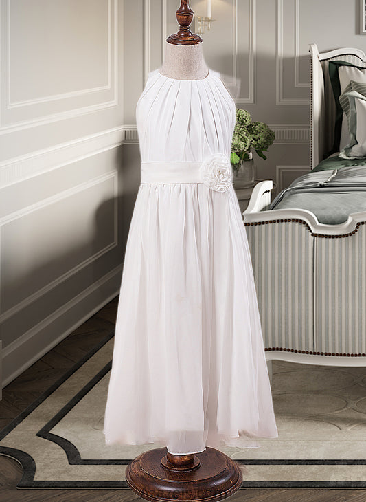 Callie A-Line Scoop Neck Ankle-Length Chiffon Junior Bridesmaid Dress With Flower(s) DFP0013621