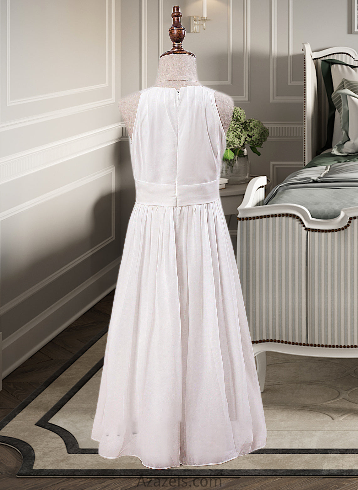 Callie A-Line Scoop Neck Ankle-Length Chiffon Junior Bridesmaid Dress With Flower(s) DFP0013621