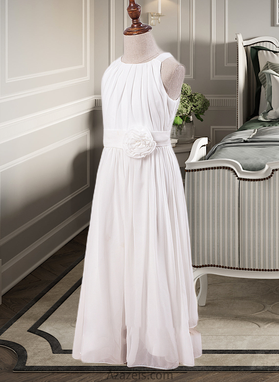 Callie A-Line Scoop Neck Ankle-Length Chiffon Junior Bridesmaid Dress With Flower(s) DFP0013621