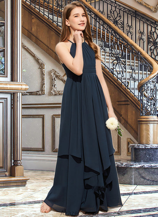 America A-Line Scoop Neck Floor-Length Chiffon Junior Bridesmaid Dress With Cascading Ruffles DFP0013622