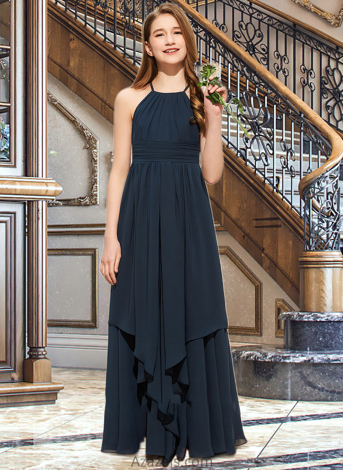 America A-Line Scoop Neck Floor-Length Chiffon Junior Bridesmaid Dress With Cascading Ruffles DFP0013622