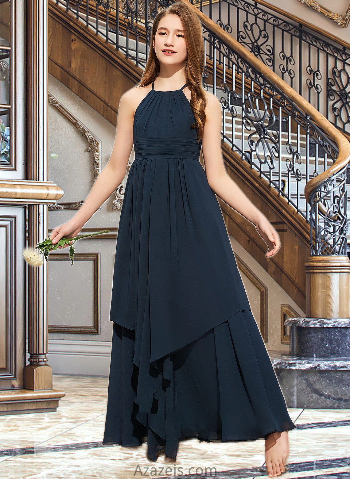 America A-Line Scoop Neck Floor-Length Chiffon Junior Bridesmaid Dress With Cascading Ruffles DFP0013622