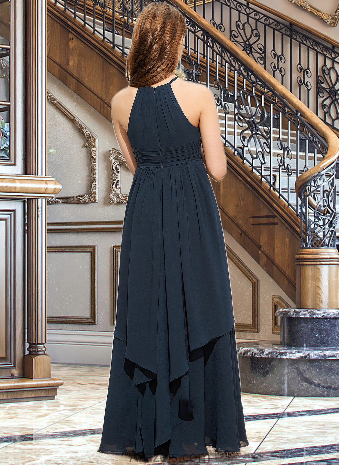 America A-Line Scoop Neck Floor-Length Chiffon Junior Bridesmaid Dress With Cascading Ruffles DFP0013622