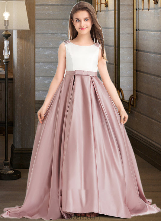 Helen Ball-Gown/Princess Scoop Neck Sweep Train Satin Junior Bridesmaid Dress With Bow(s) Pockets DFP0013626