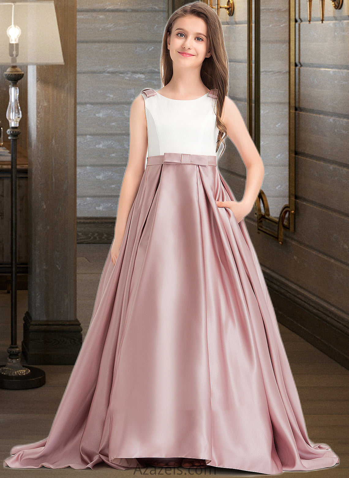 Helen Ball-Gown/Princess Scoop Neck Sweep Train Satin Junior Bridesmaid Dress With Bow(s) Pockets DFP0013626