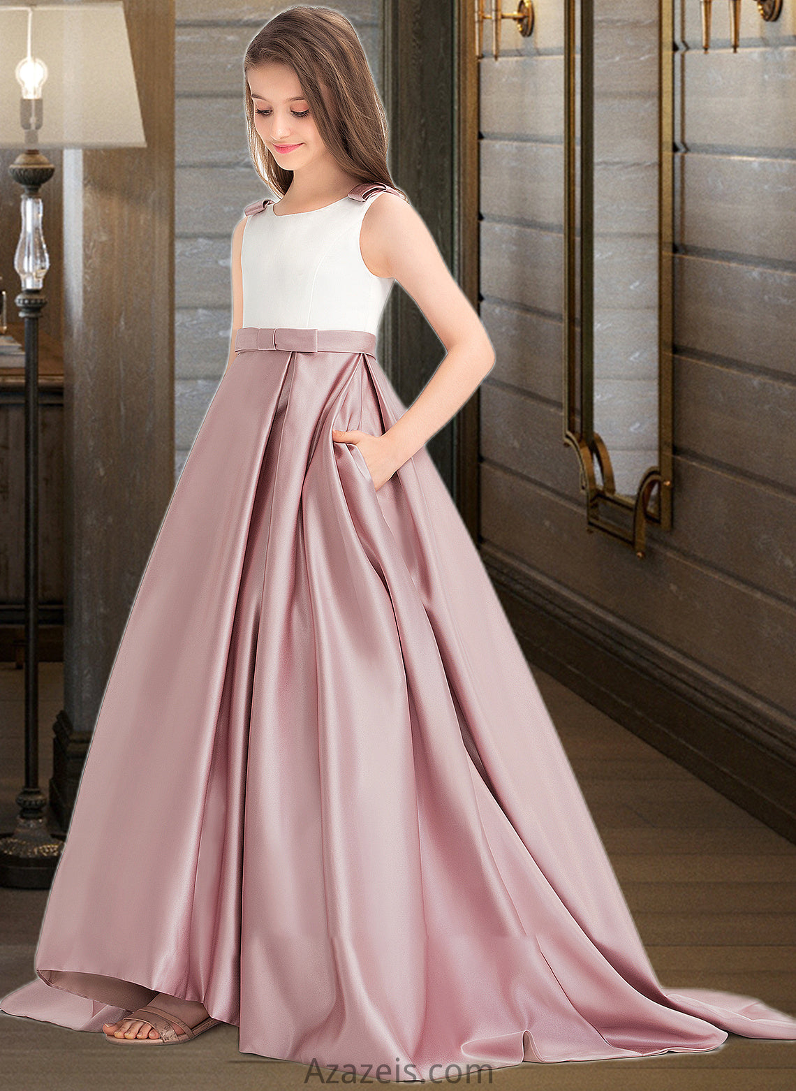 Helen Ball-Gown/Princess Scoop Neck Sweep Train Satin Junior Bridesmaid Dress With Bow(s) Pockets DFP0013626