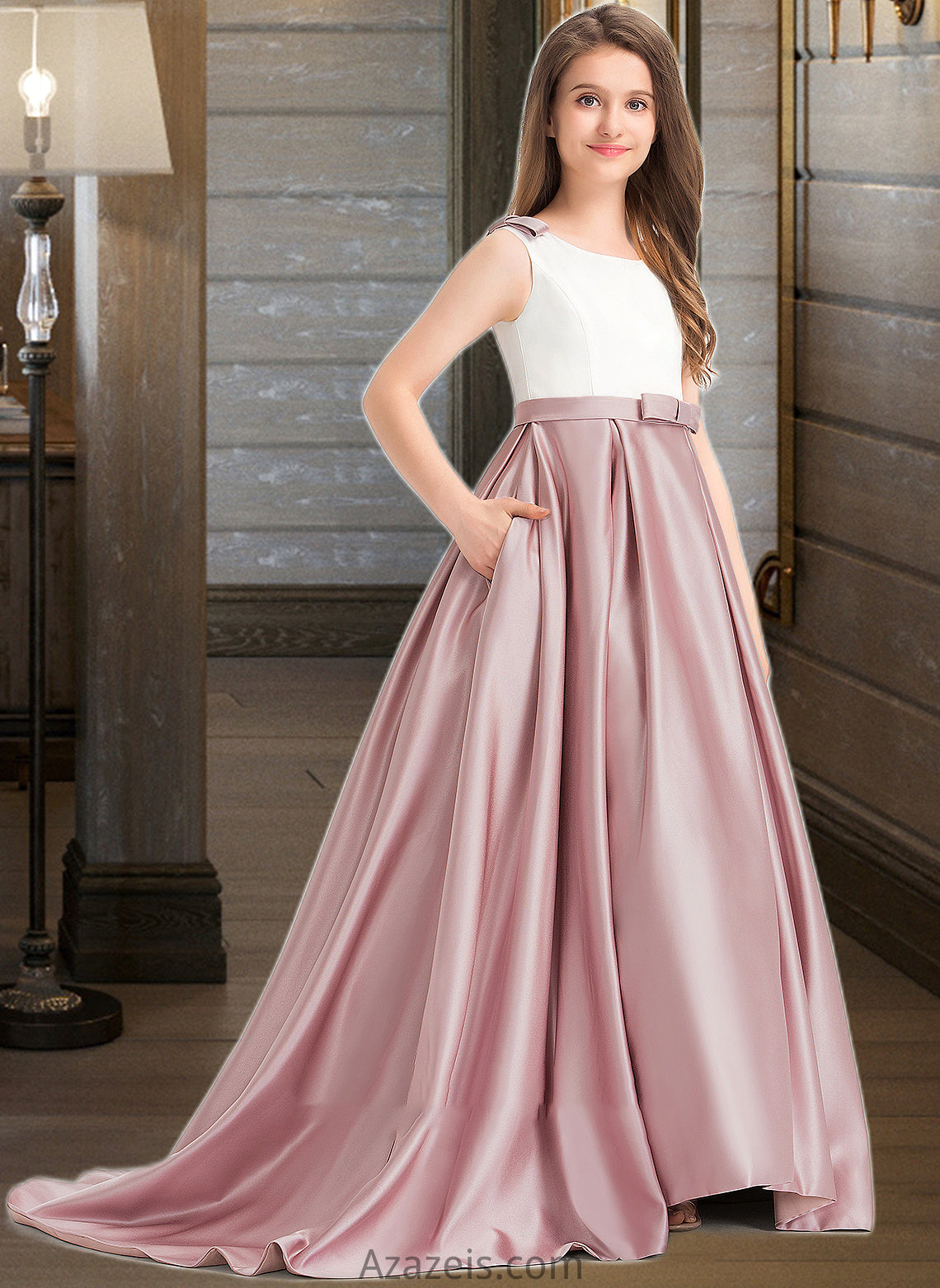 Helen Ball-Gown/Princess Scoop Neck Sweep Train Satin Junior Bridesmaid Dress With Bow(s) Pockets DFP0013626