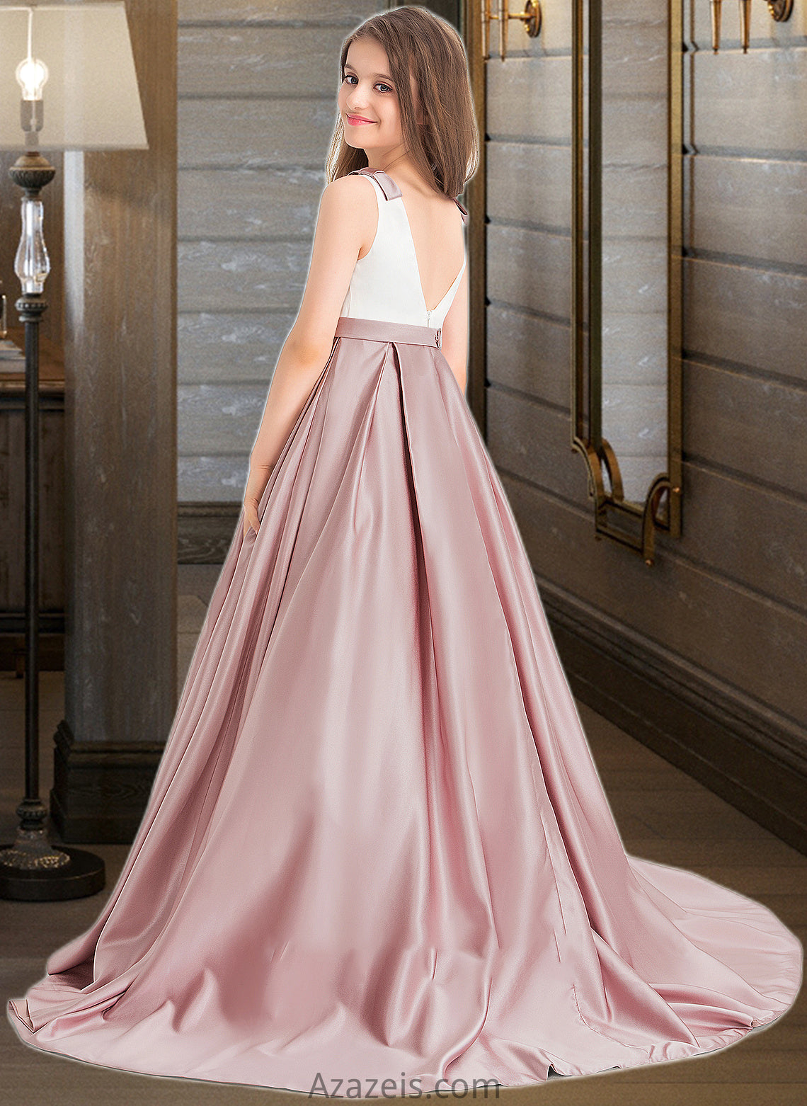 Helen Ball-Gown/Princess Scoop Neck Sweep Train Satin Junior Bridesmaid Dress With Bow(s) Pockets DFP0013626