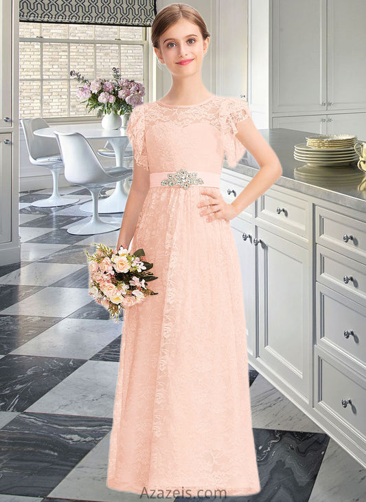 Alexis A-Line Scoop Neck Floor-Length Lace Junior Bridesmaid Dress With Beading Bow(s) Cascading Ruffles DFP0013627
