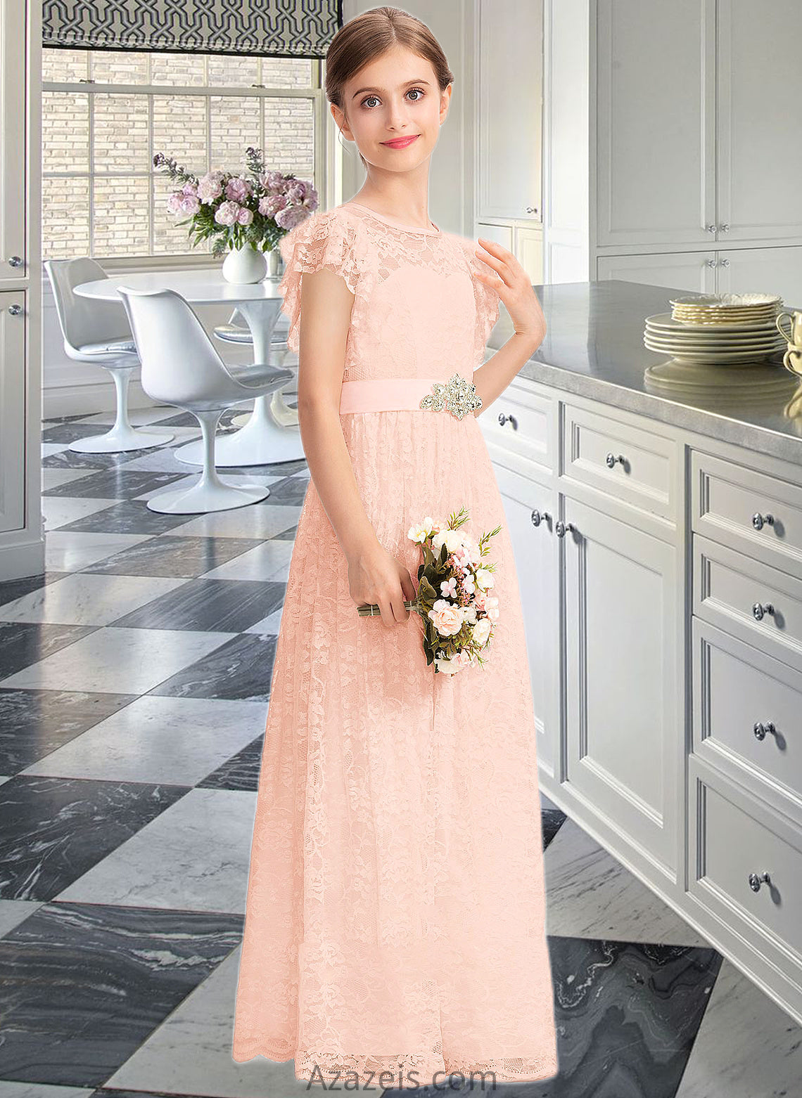 Alexis A-Line Scoop Neck Floor-Length Lace Junior Bridesmaid Dress With Beading Bow(s) Cascading Ruffles DFP0013627