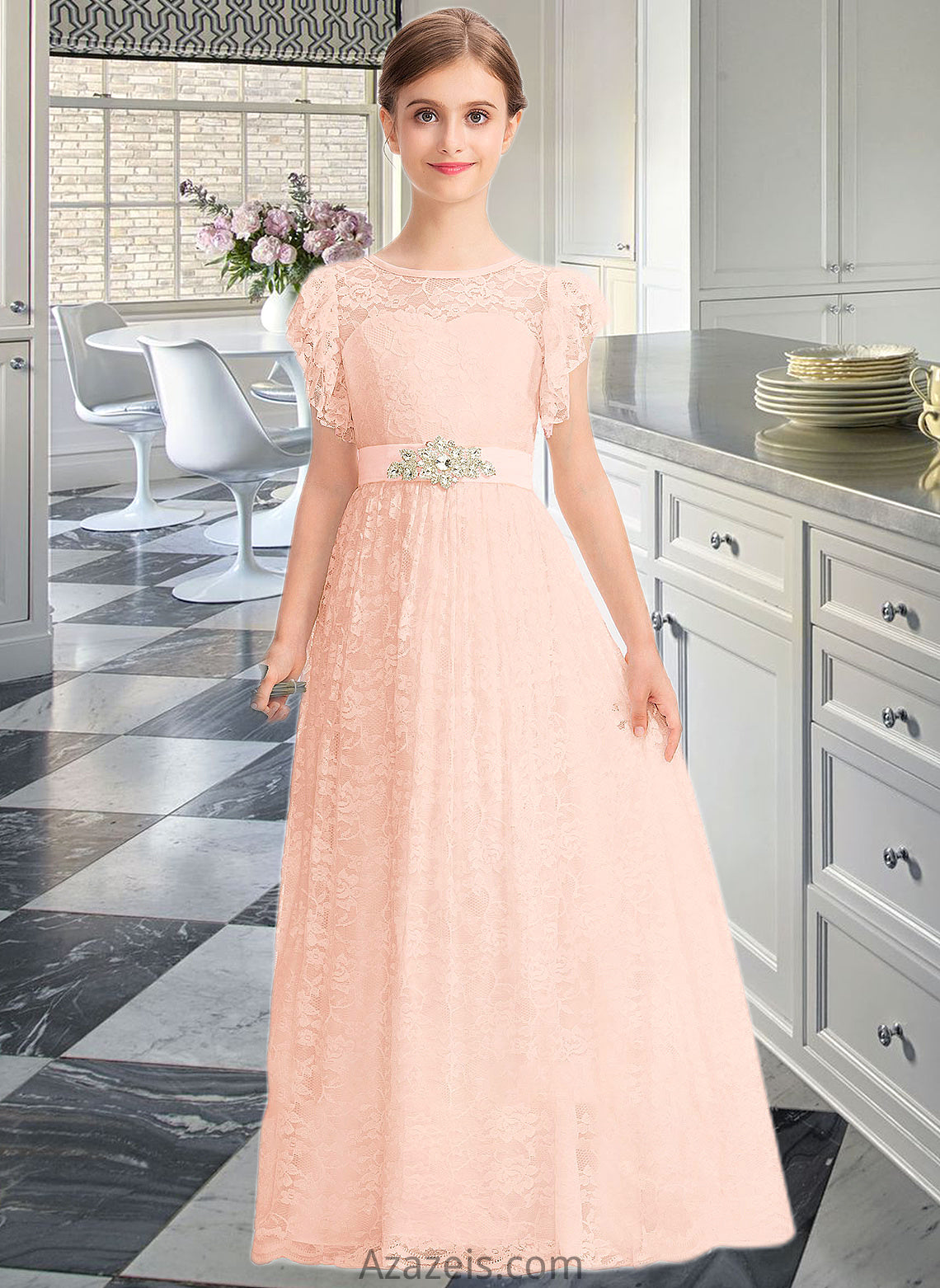 Alexis A-Line Scoop Neck Floor-Length Lace Junior Bridesmaid Dress With Beading Bow(s) Cascading Ruffles DFP0013627