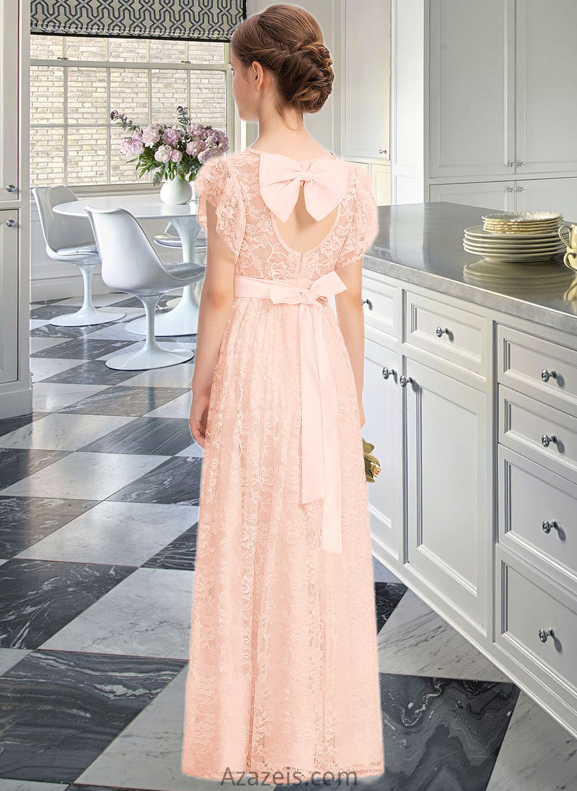 Alexis A-Line Scoop Neck Floor-Length Lace Junior Bridesmaid Dress With Beading Bow(s) Cascading Ruffles DFP0013627