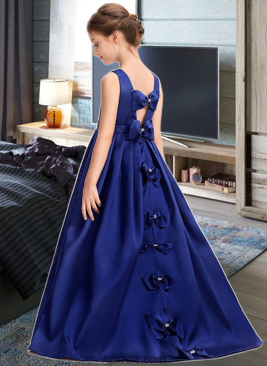 Lesly Ball-Gown/Princess Scoop Neck Sweep Train Satin Junior Bridesmaid Dress With Bow(s) DFP0013628