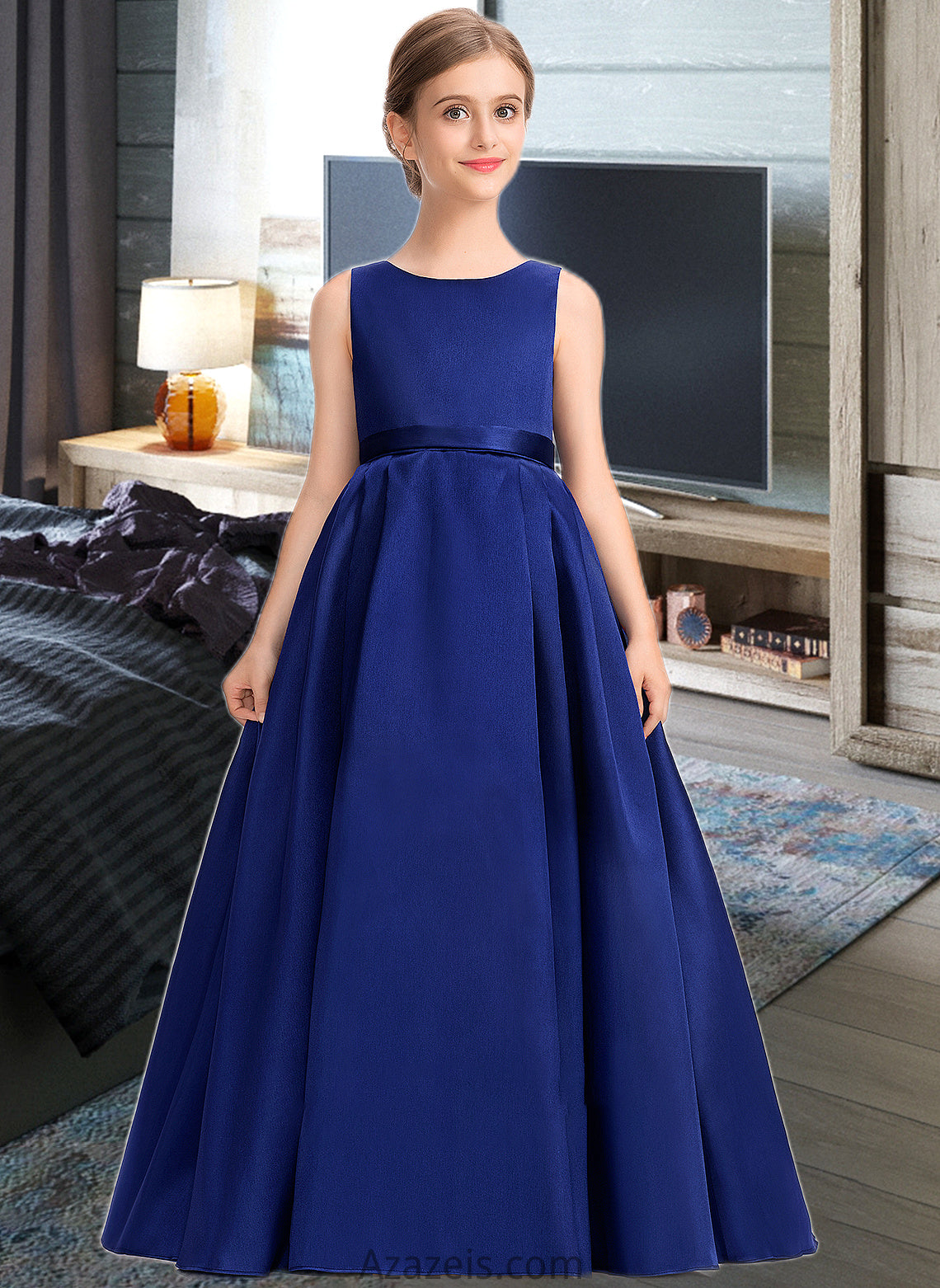 Lesly Ball-Gown/Princess Scoop Neck Sweep Train Satin Junior Bridesmaid Dress With Bow(s) DFP0013628