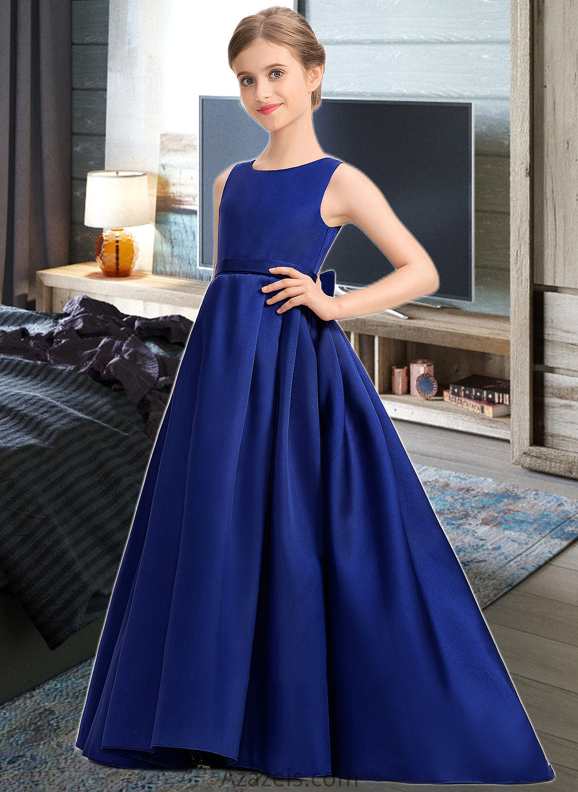 Lesly Ball-Gown/Princess Scoop Neck Sweep Train Satin Junior Bridesmaid Dress With Bow(s) DFP0013628