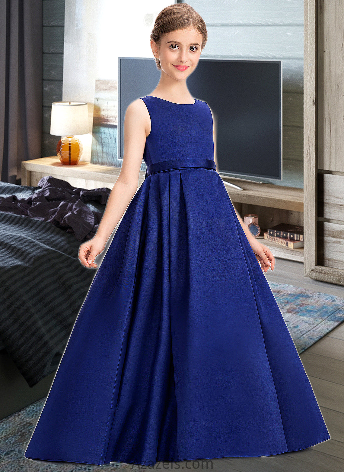 Lesly Ball-Gown/Princess Scoop Neck Sweep Train Satin Junior Bridesmaid Dress With Bow(s) DFP0013628