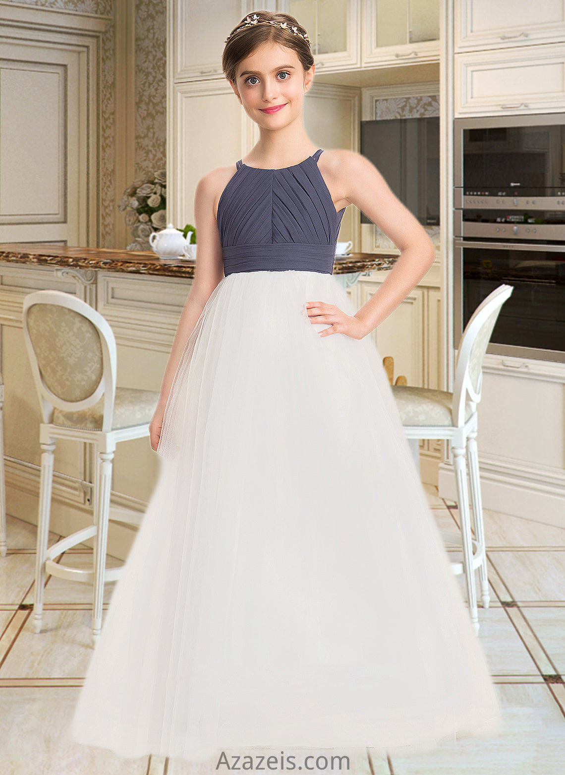 Arielle A-Line Scoop Neck Floor-Length Chiffon Tulle Junior Bridesmaid Dress With Ruffle DFP0013629