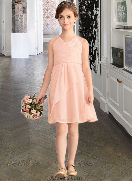 Aubrie A-Line V-neck Knee-Length Chiffon Lace Junior Bridesmaid Dress With Cascading Ruffles DFP0013630