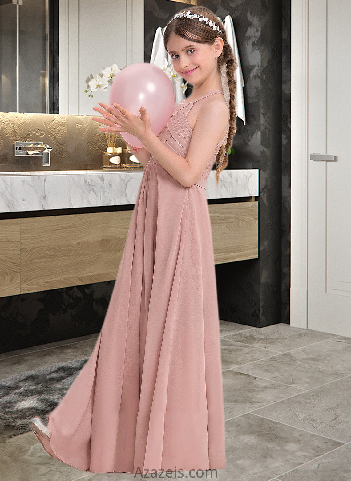 Kit A-Line Scoop Neck Floor-Length Chiffon Junior Bridesmaid Dress With Ruffle DFP0013632