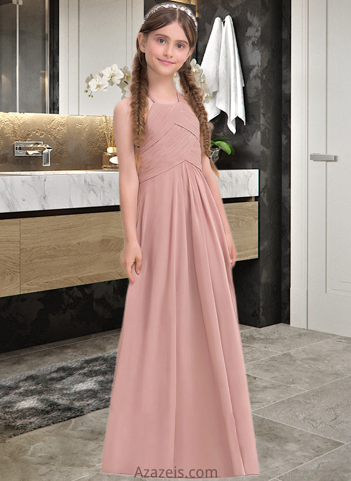 Kit A-Line Scoop Neck Floor-Length Chiffon Junior Bridesmaid Dress With Ruffle DFP0013632